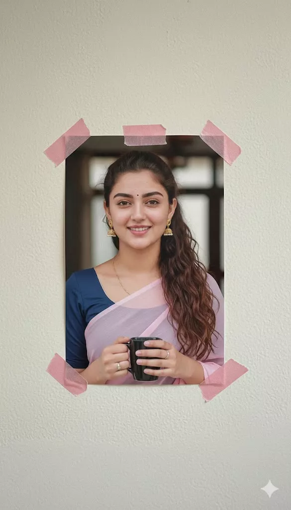 A single portrait photograph taped to a textured off-white wall