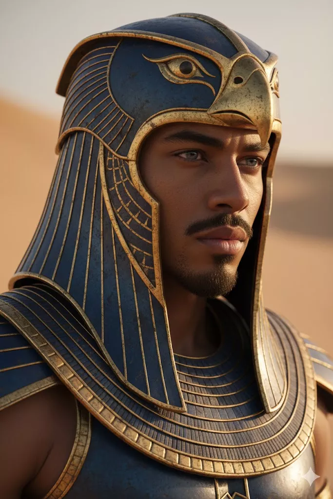 ancient egyptian warrior cinematic portrait falcon helmet 8k