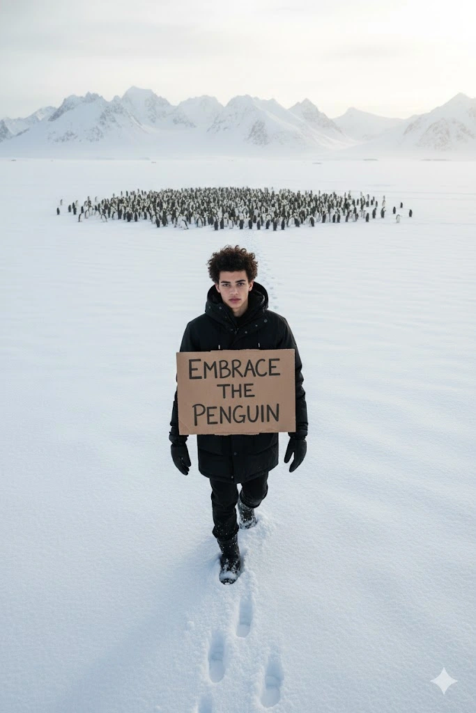 antarctica penguin colony cinematic portrait young man sign embrace the penguin 8k