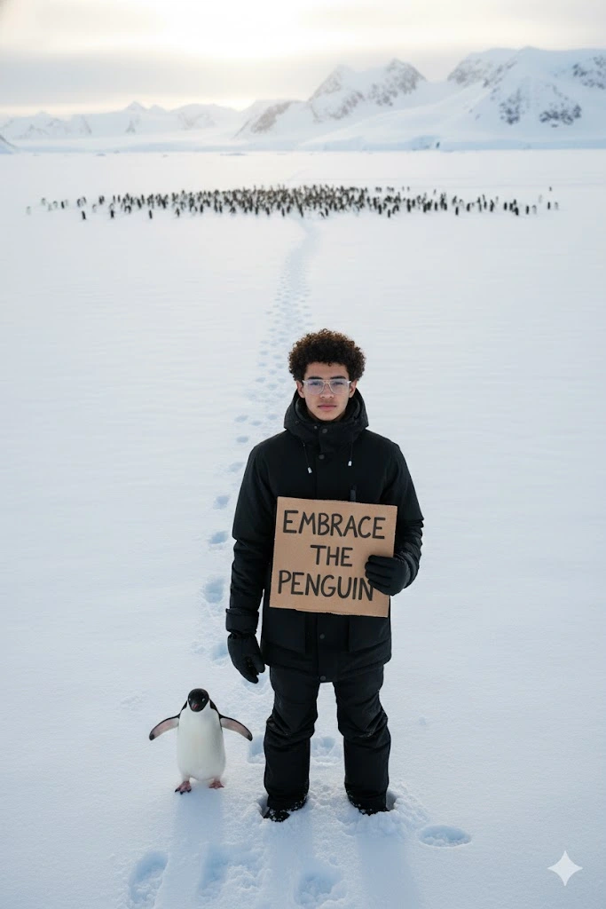 penguin hand holding antarctica cinematic portrait young man sign high angle aerial 8k