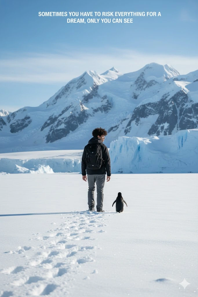 antarctica adventure portrait young man walking with adelie penguin motivational text 3by4