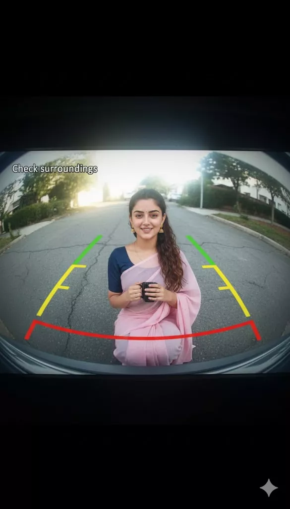 rear view backup camera pov ai prompt yellow guide lines check surroundings