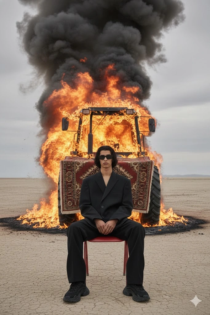 surreal desert fashion portrait man on red chair tractor on fire rug covered belarus 82.1 8k