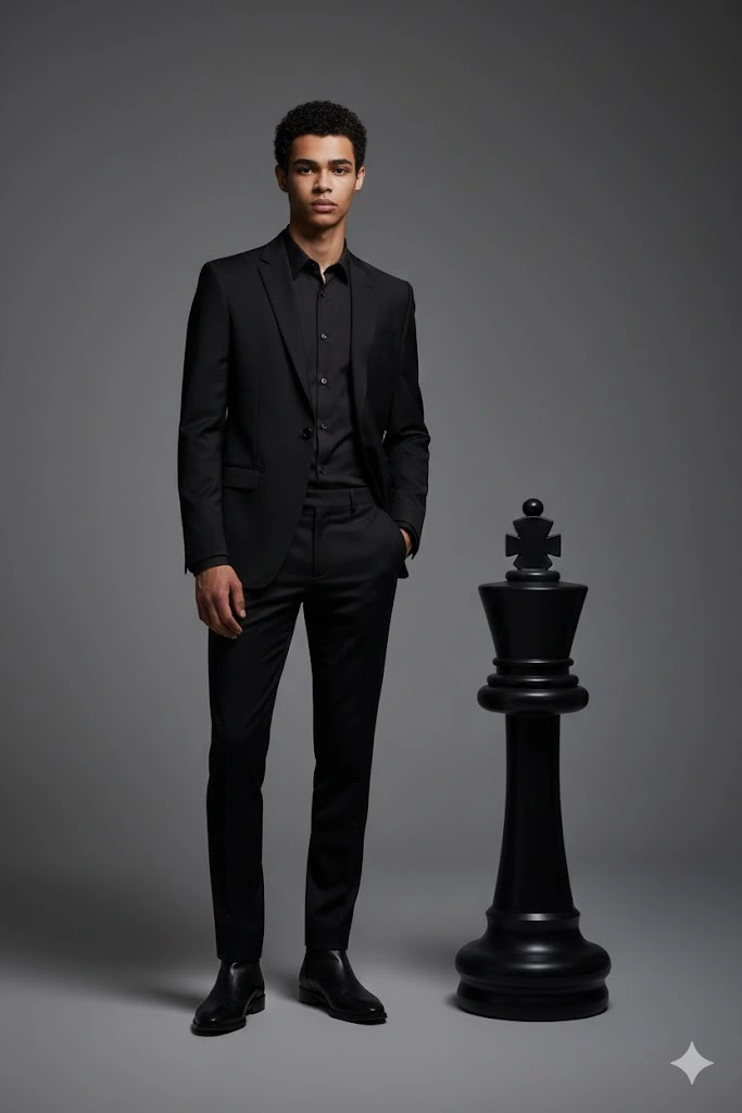 cinematic chess ai image prompt with black suit fashion style
