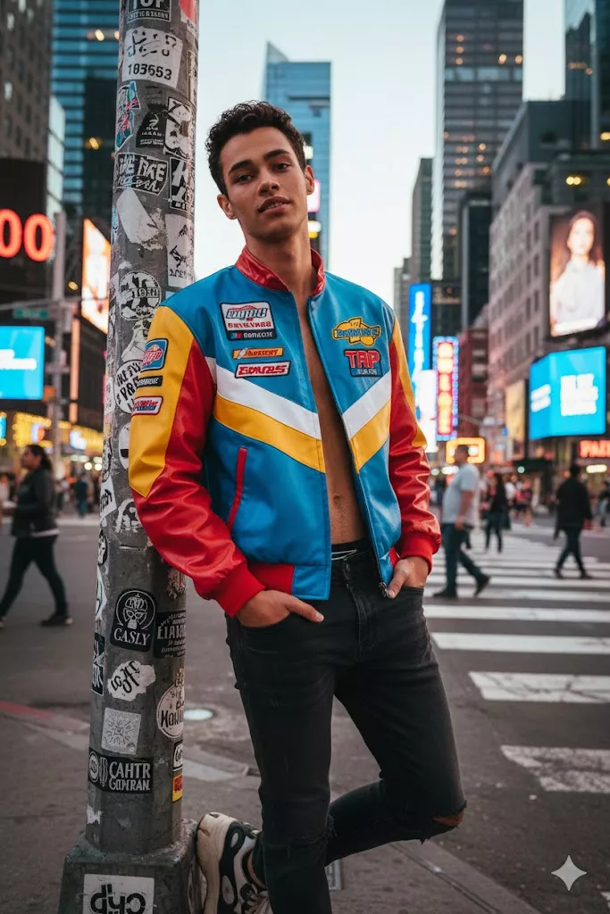 city intersection streetwear man racing jacket neon lights
