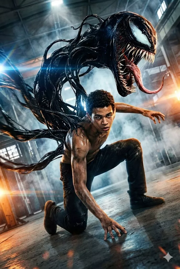 dark warehouse venom symbiote action cinematic poster