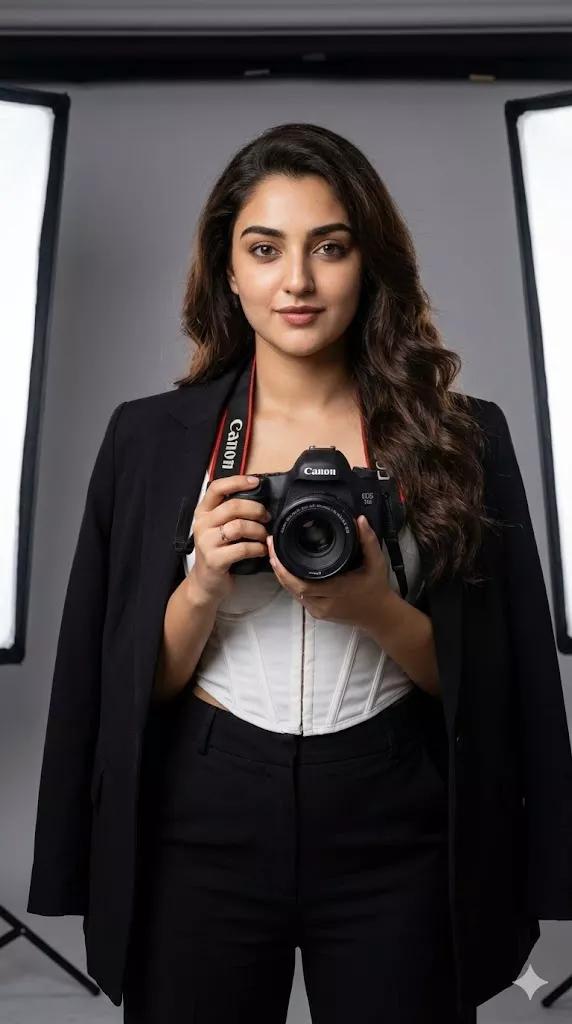 editorial female photographer studio portrait blazer dslr