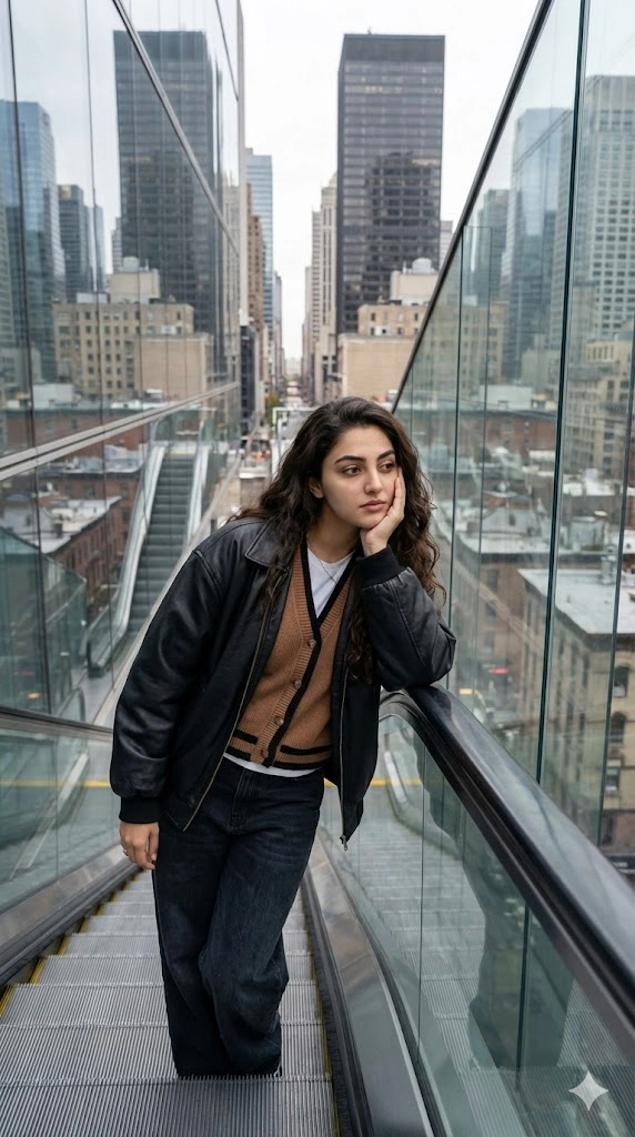 editorial street fashion woman on glass escalator cityscape