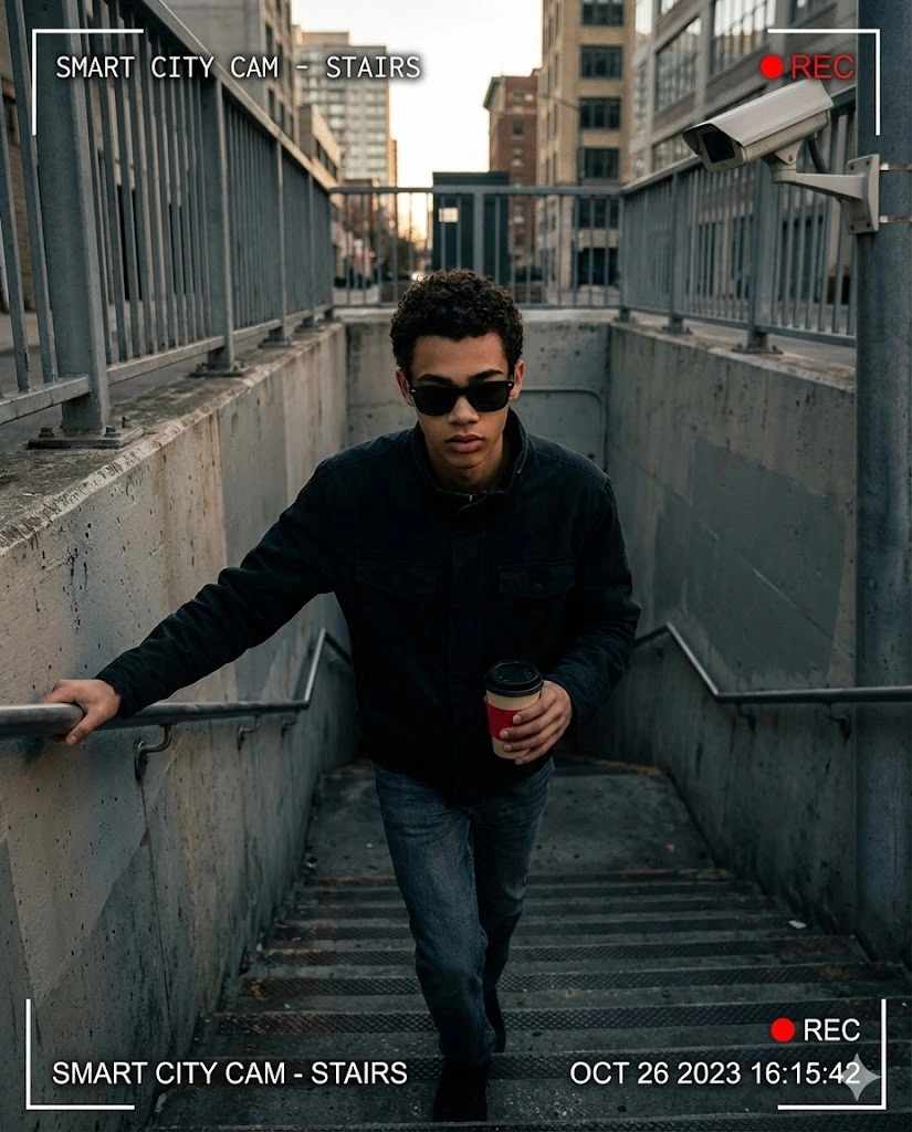 gemini cctv style portrait standing urban street