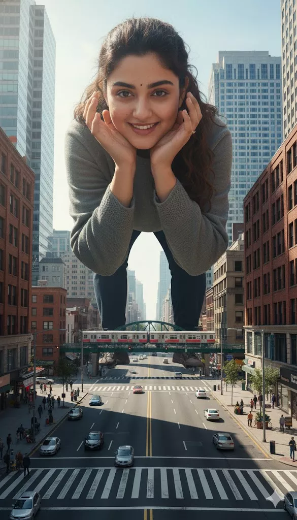 giant person surreal city intersection scale contrast ai prompt daylight