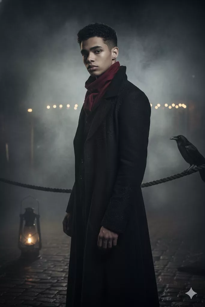 dark gothic carnival cinematic portrait mysterious young man 4k