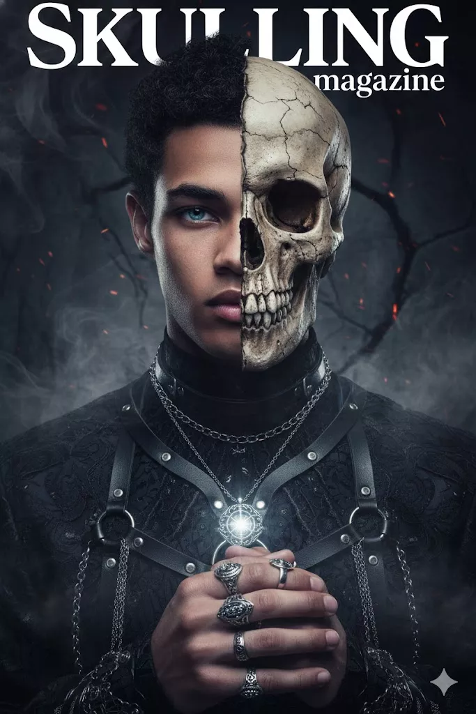 half human half skull dark fantasy editorial portrait 8k