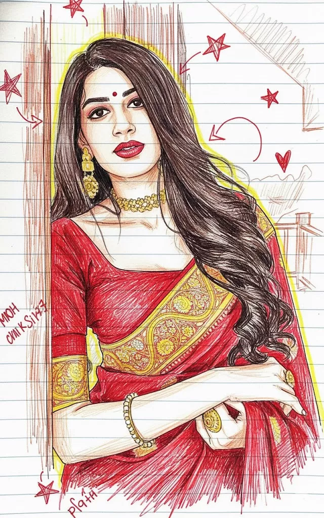 notebook doodle portrait illustration red yellow pen comic annotation style