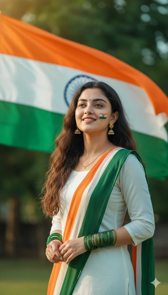 independence day portrait indian woman tricolor dupatta face paint golden hour