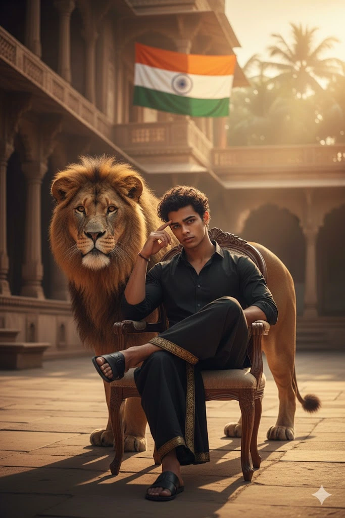 independence day same face man black shirt dhoti lion cinematic portrait