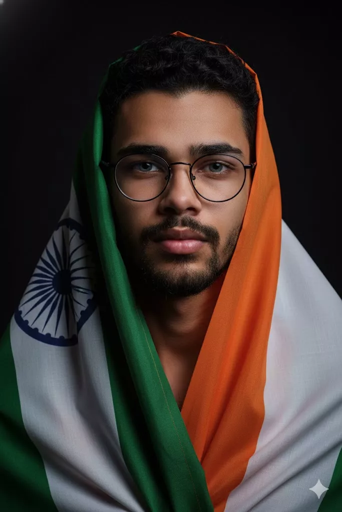 Indian woman in white kurti with tricolor dupatta and face paint in golden hour patriotic portrait