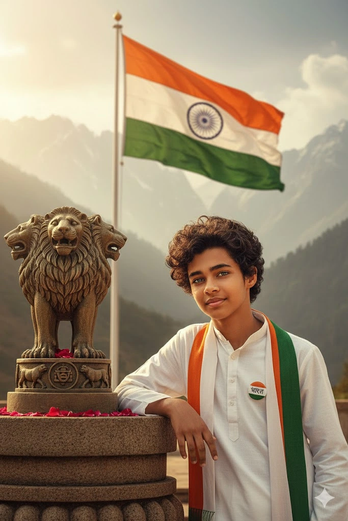 indian boy patriotic portrait lion capital of ashoka tiranga scarf 8k