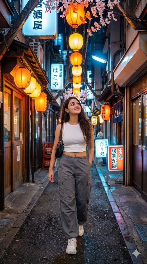 japanese alley night street fashion woman lanterns