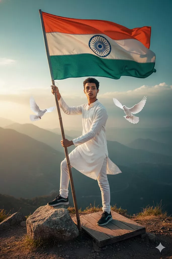 Young Indian boy beside Lion Capital of Ashoka wearing tricolor scarf with Tiranga flag in background