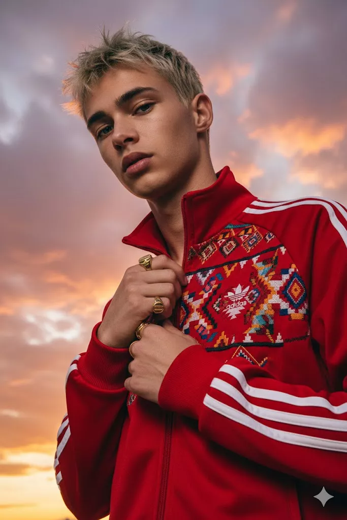 low angle editorial portrait man red track jacket sunset