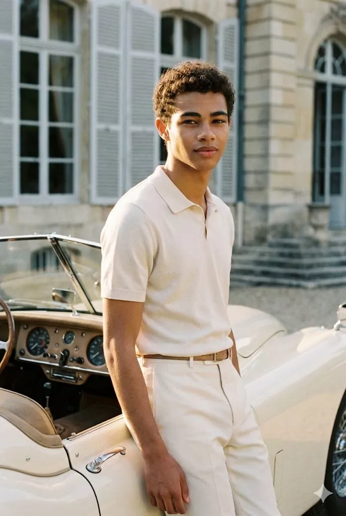 luxury editorial fashion man vintage convertible sunlight