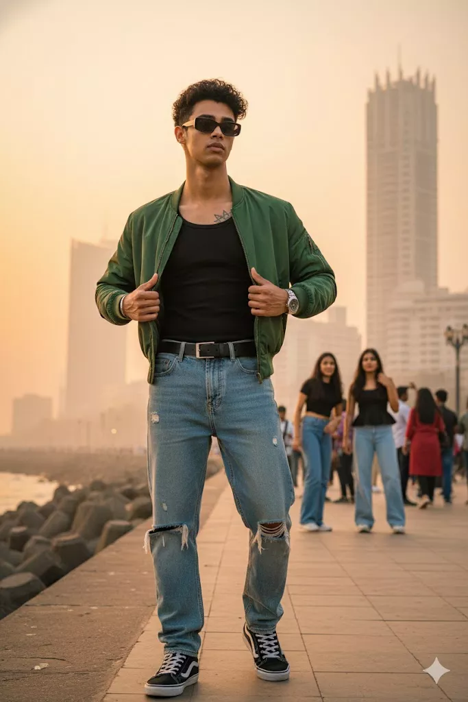 marine drive mumbai ultra realistic boy portrait forest green bomber jacket