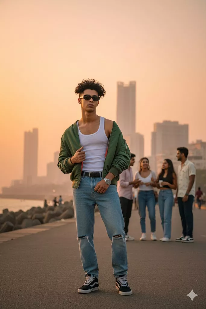 marine drive mumbai cinematic boy portrait sunglasses bomber jacket wide angle