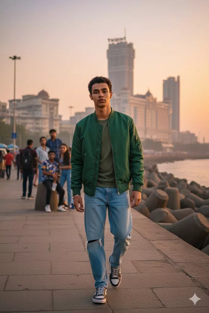 marine drive mumbai hyper realistic street portrait boy baggy jeans high rise background