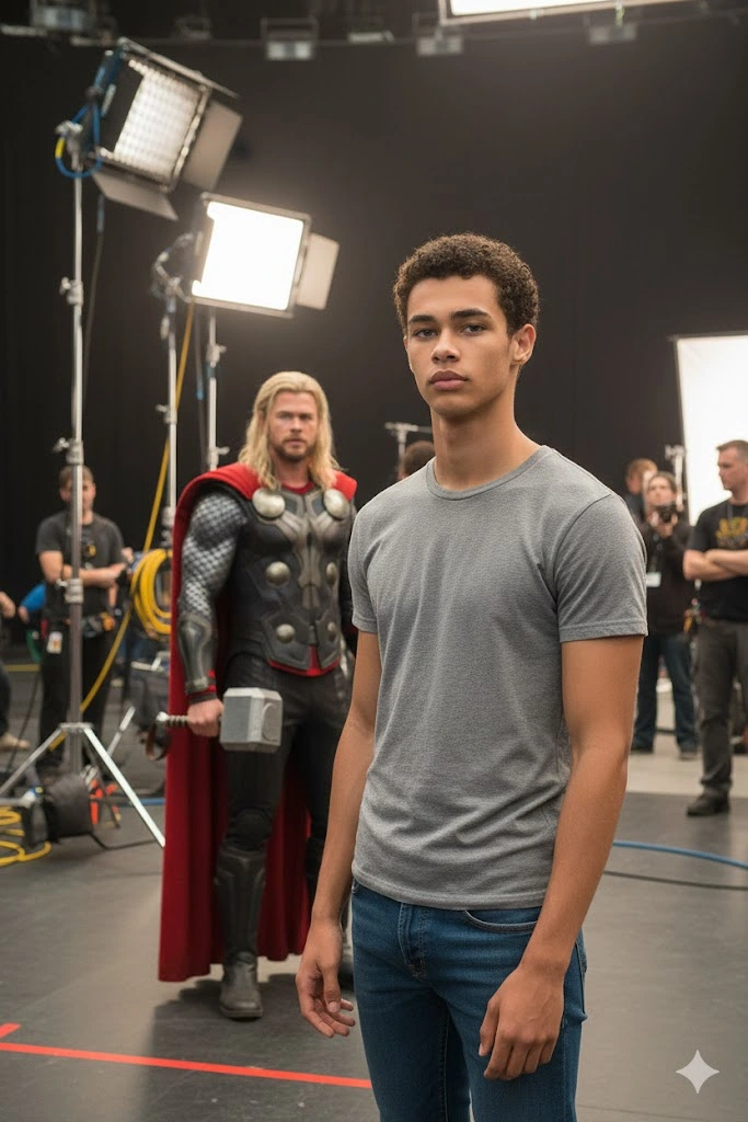 Standing beside Thor movie set AI prompt