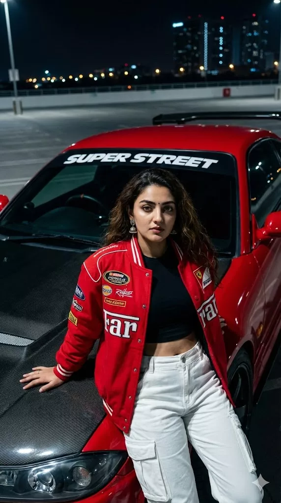 night street racing woman red car cinematic portrait