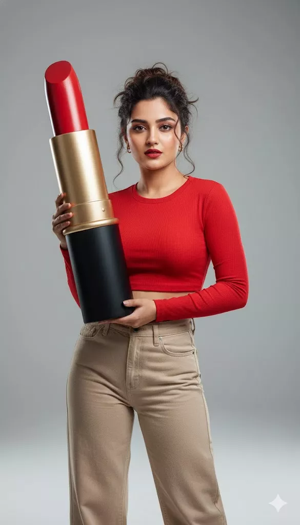 beauty fashion editorial portrait woman holding oversized lipstick prop red lips