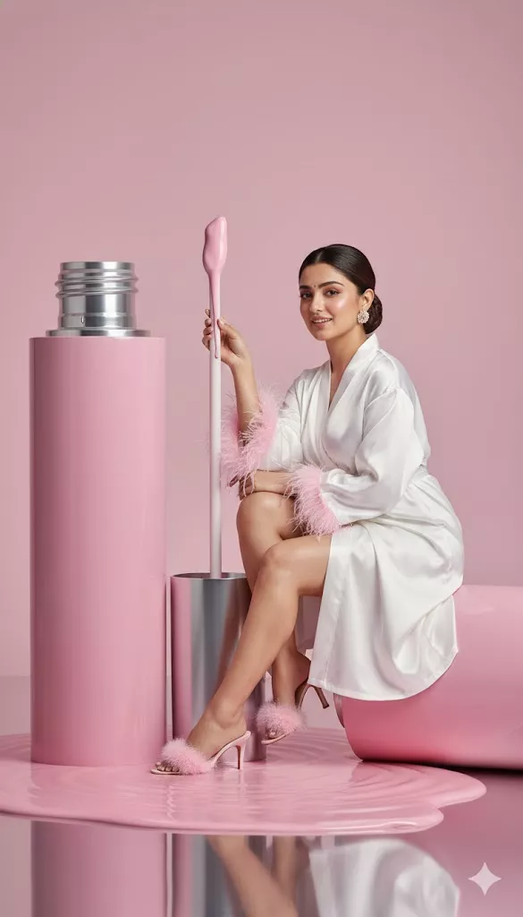 luxury beauty editorial woman oversized pink lipstick prop dripping liquid 8k