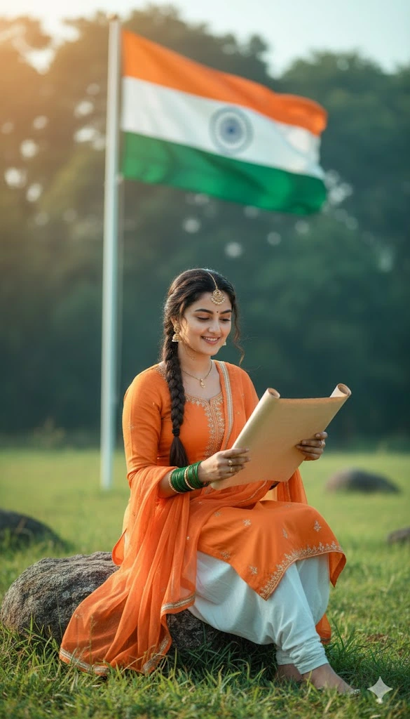 patriotic indian woman orange salwar reading scroll republic day photo 8k