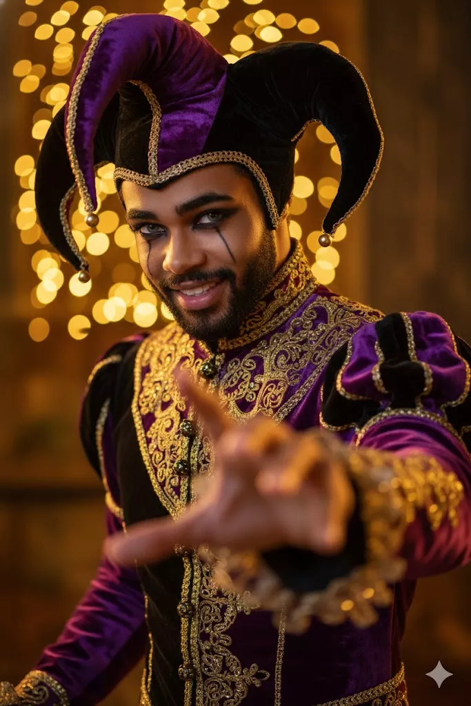 male jester character cinematic fantasy portrait purple velvet 8k