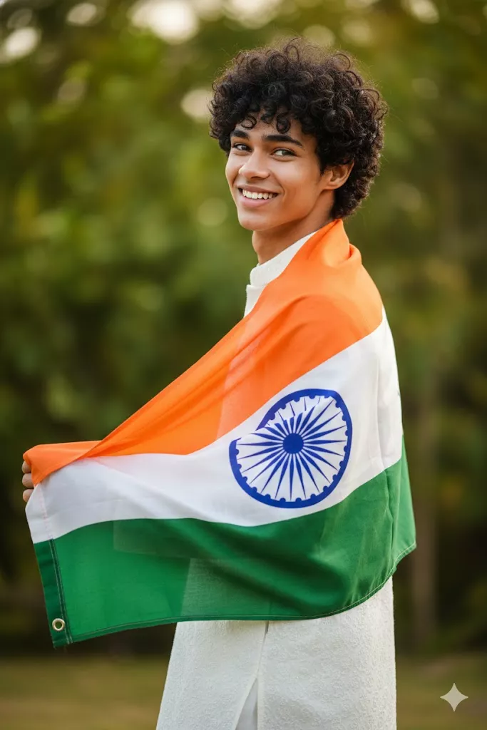 Indian man waving national flag with soft blurred crowd background and Happy Republic Day text