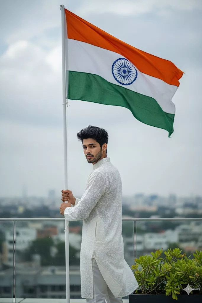 Stylish Indian man standing barefoot on wet rocks with Tiranga flag and warm cinematic sunset lighting