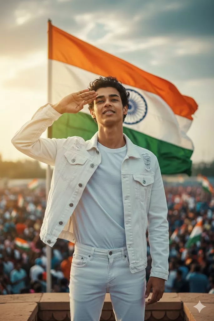 Young man holding Tiranga behind like wings at Mumbai seashore during golden hour with Sea Link
