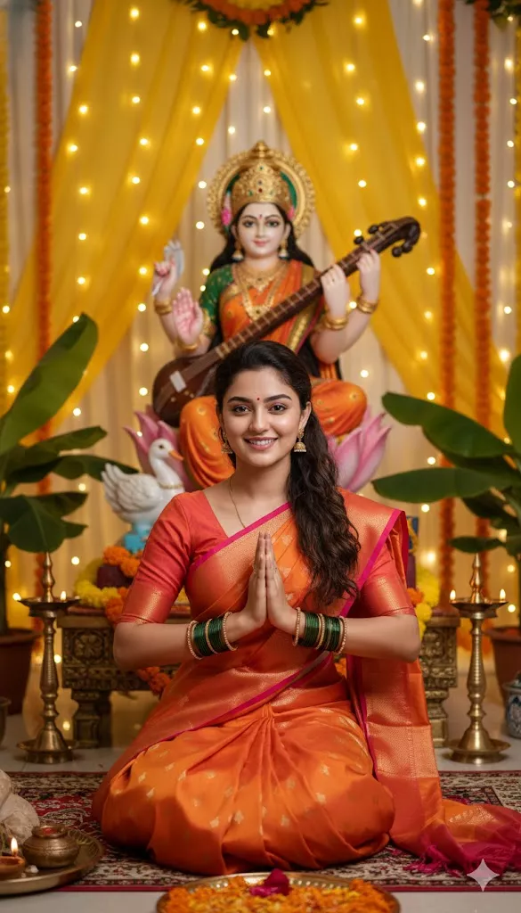 saraswati puja backdrop prompt fairy lights marigold garlands banana leaves diya