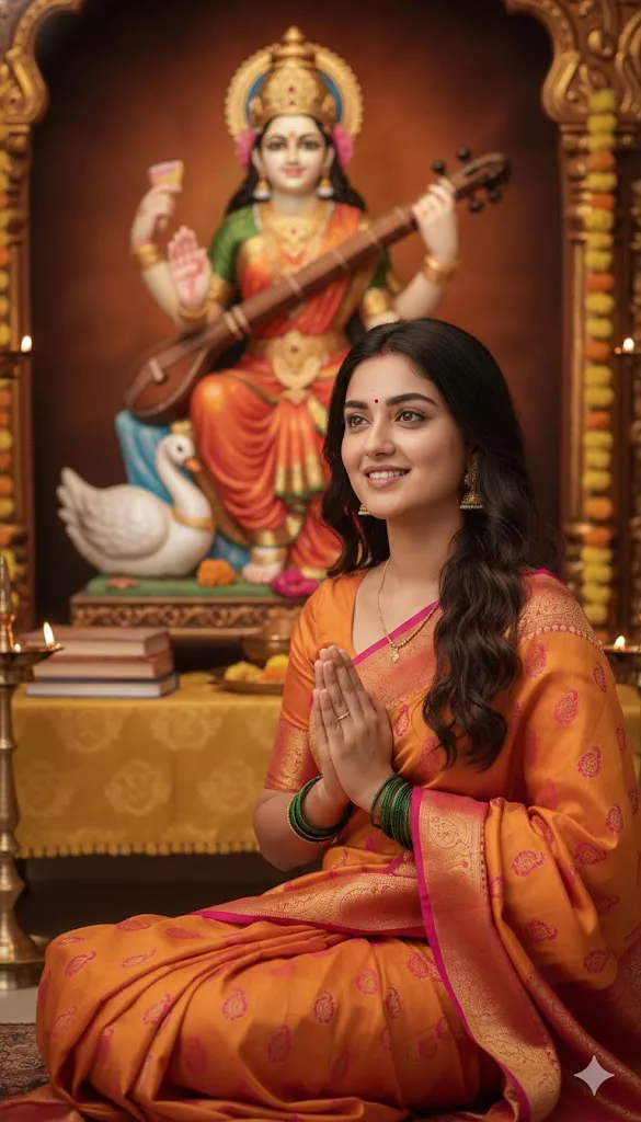 namaste prayer pose saraswati puja portrait prompt calm devotional expression