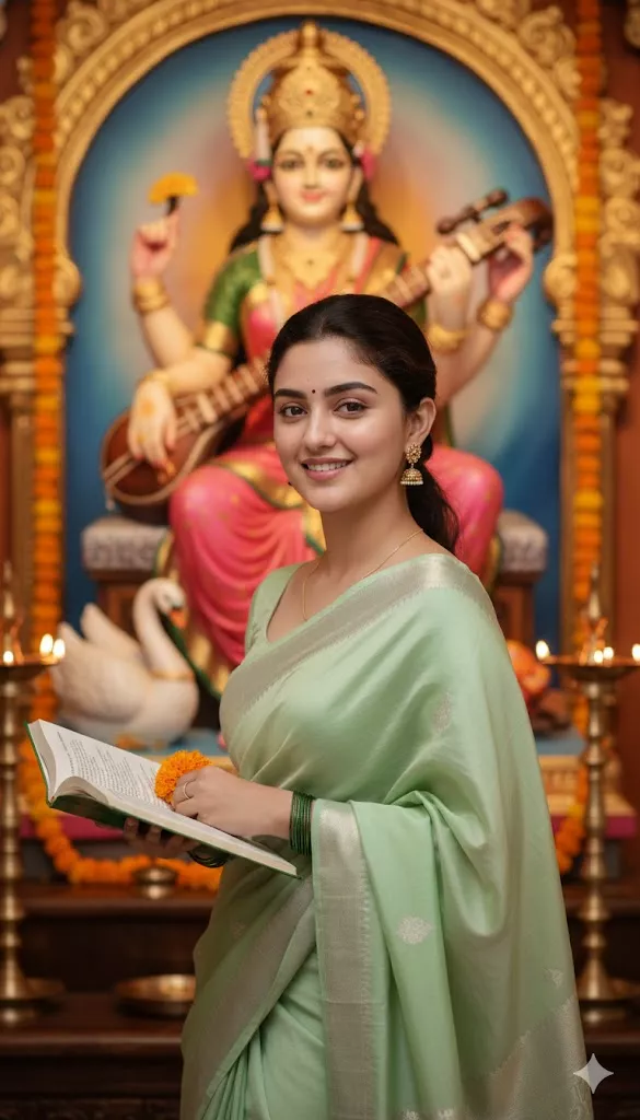 traditional indian saree outfit prompt for saraswati puja portrait realistic fabric folds