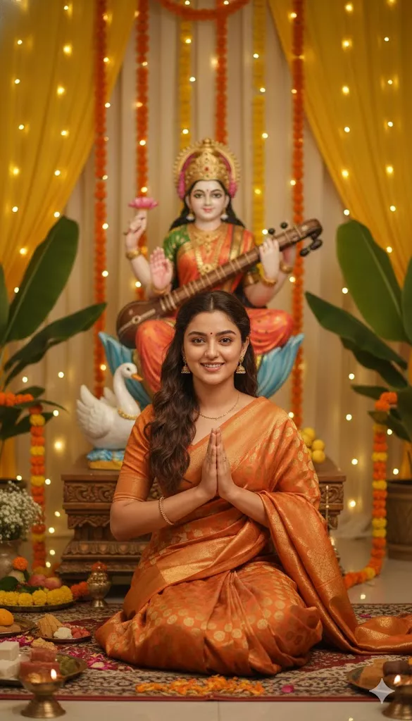 warm cinematic lighting saraswati puja portrait prompt fairy light bokeh dslr