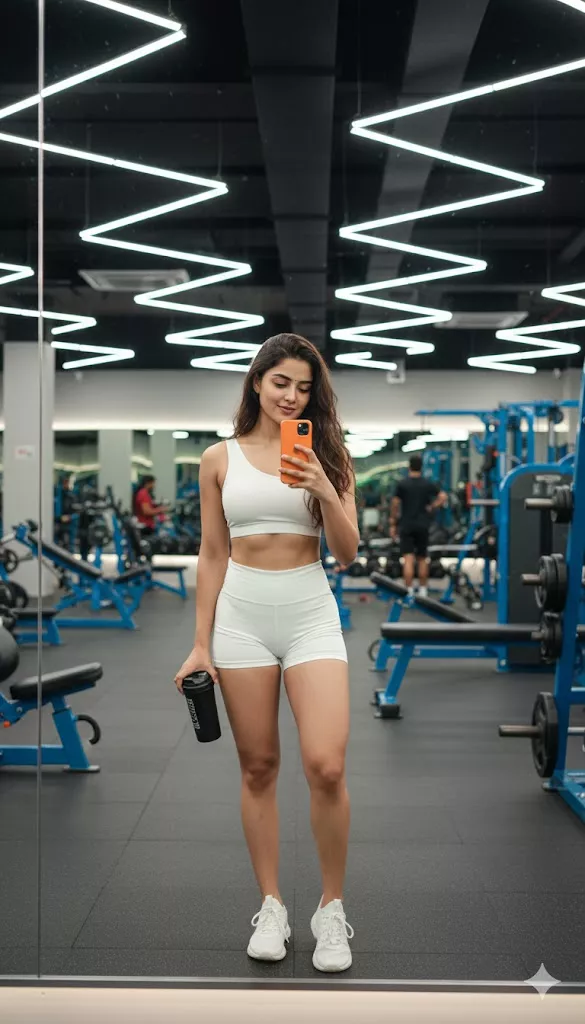 selfie academia mulher conjunto branco espelho