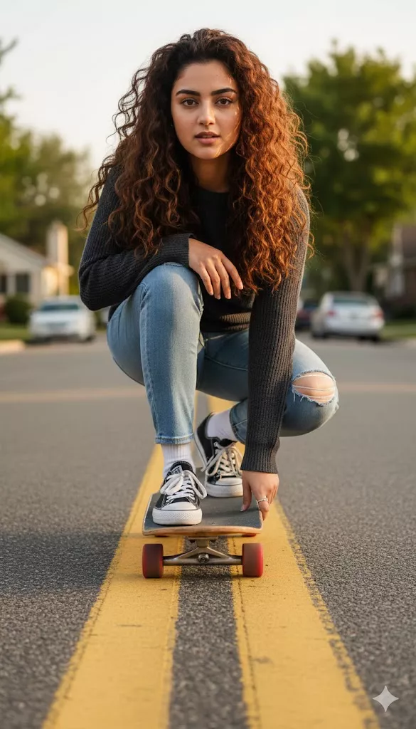 woman skateboard crouch low angle street cinematic