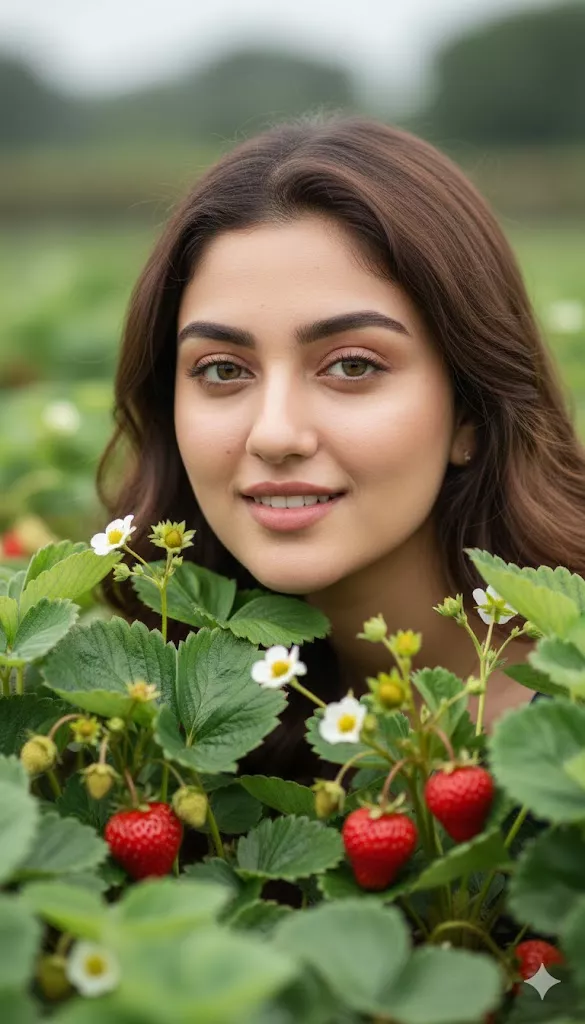 close up portrait woman strawberry plants natural light