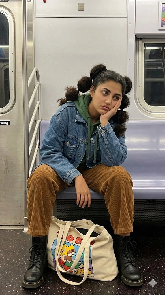 urban subway fashion portrait woman denim hoodie