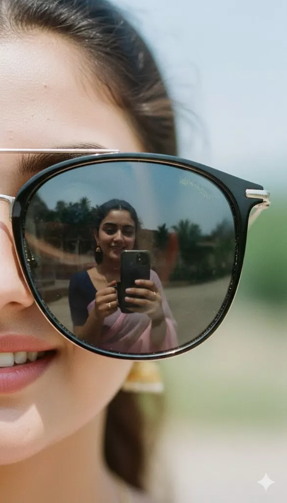 macro sunglasses reflection ai prompt phone selfie warped lens cinematic