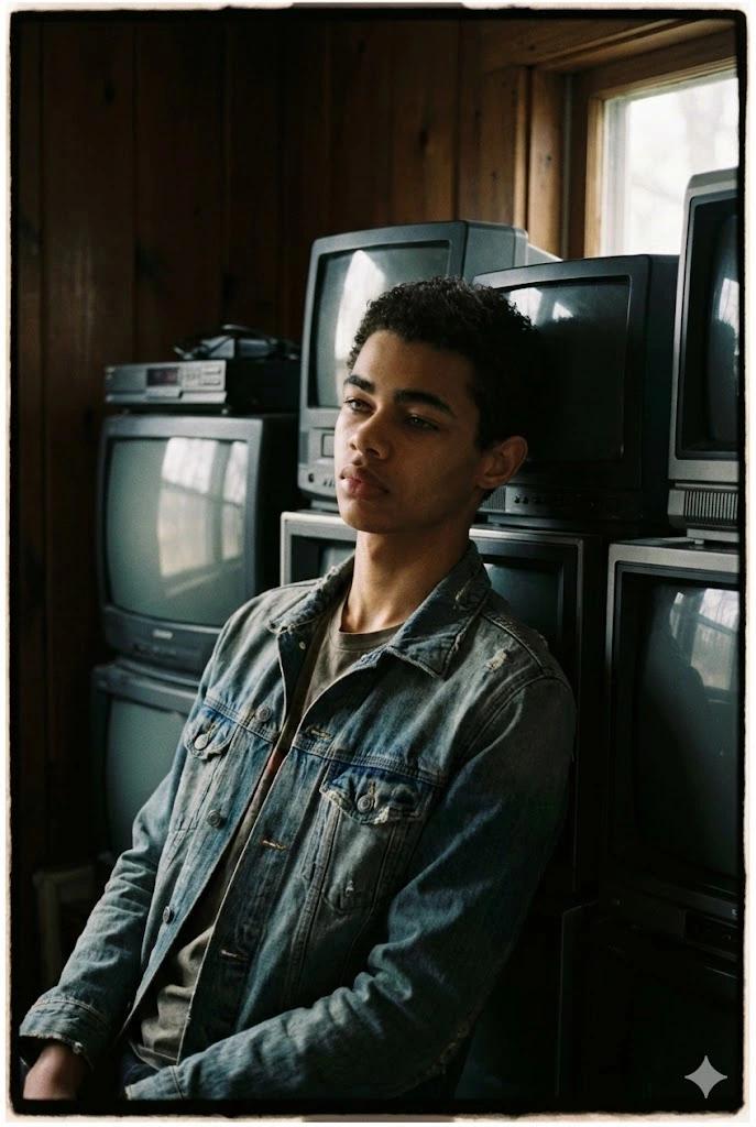 Moody urban vintage TV room portrait AI prompt