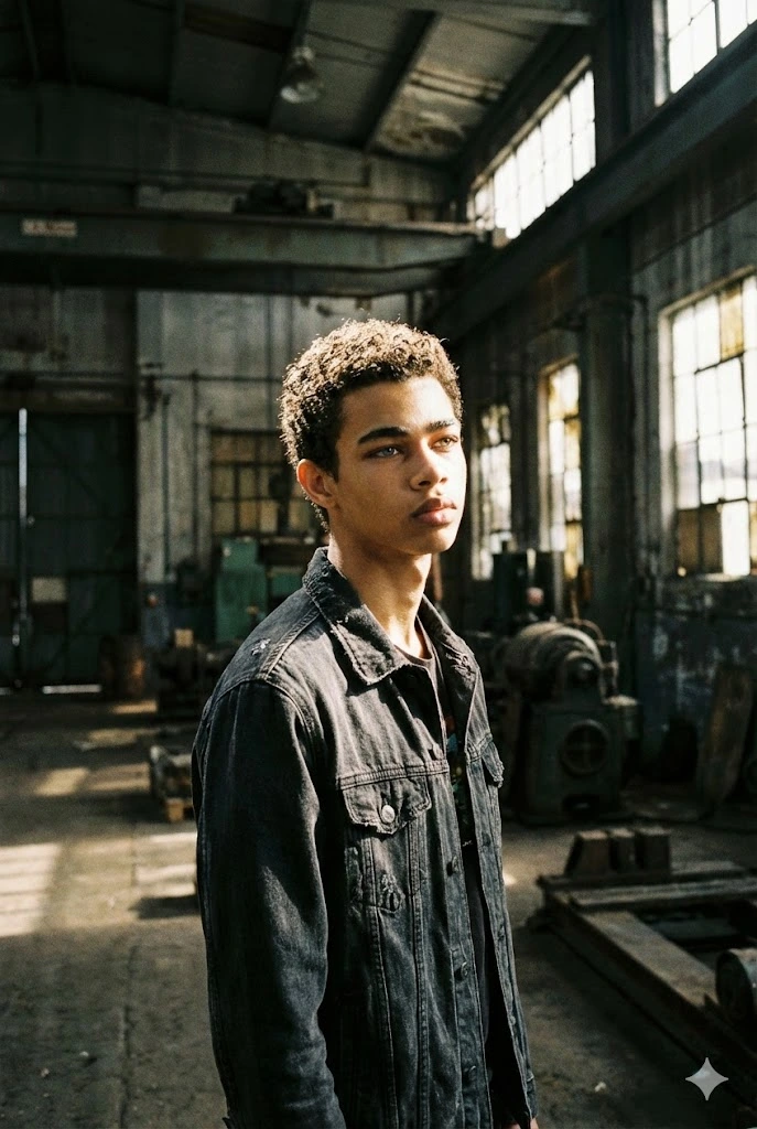 Industrial warehouse cinematic portrait AI prompt