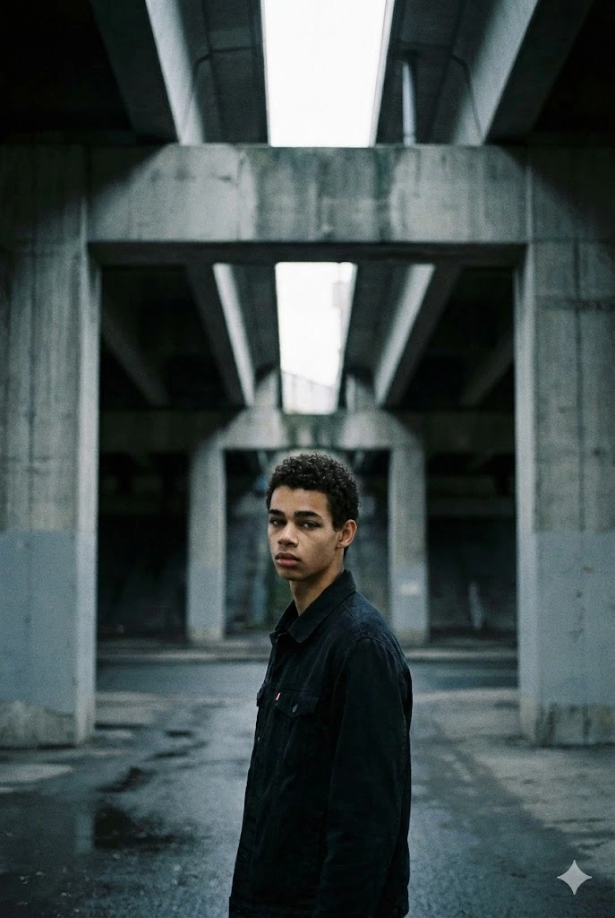 Concrete underpass cinematic portrait AI prompt