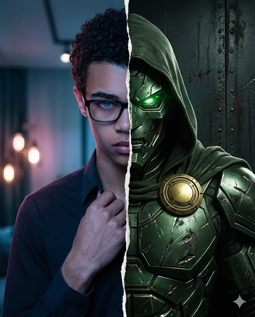 cinematic superhero split face poster ai prompt